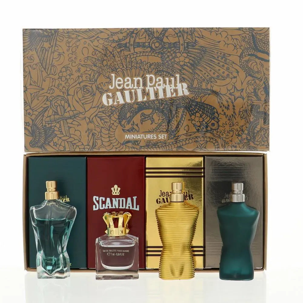 JEAN PAUL GAULTIER 4 PCS MINI SET FOR MEN: LE MALE 0.24 EAU DE TOILETTE + LE MALE ELIXIR 0.24 EAU DE PARFUM + SCANDAL 0.24 EAU DE TOILETTE + LE BEAU 0.24 EAU DE TOILETTE