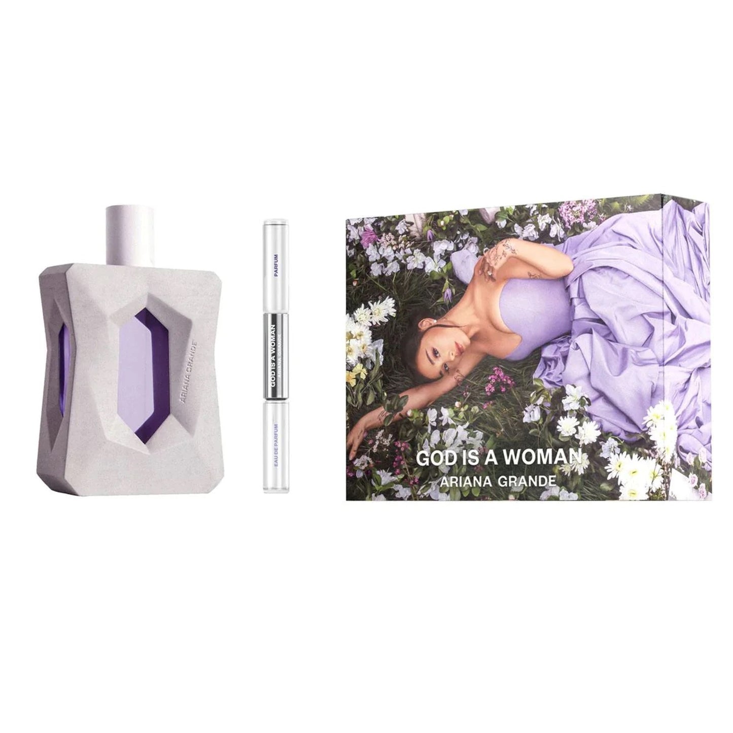 ARIANA GRANDE GOD IS A WOMAN 2 PCS SET: 3.4 EAU DE PARFUM SPRAY +  ROLLERBALL DUO 0.17 EAU DE PARFUM + 0.17 PARFUM