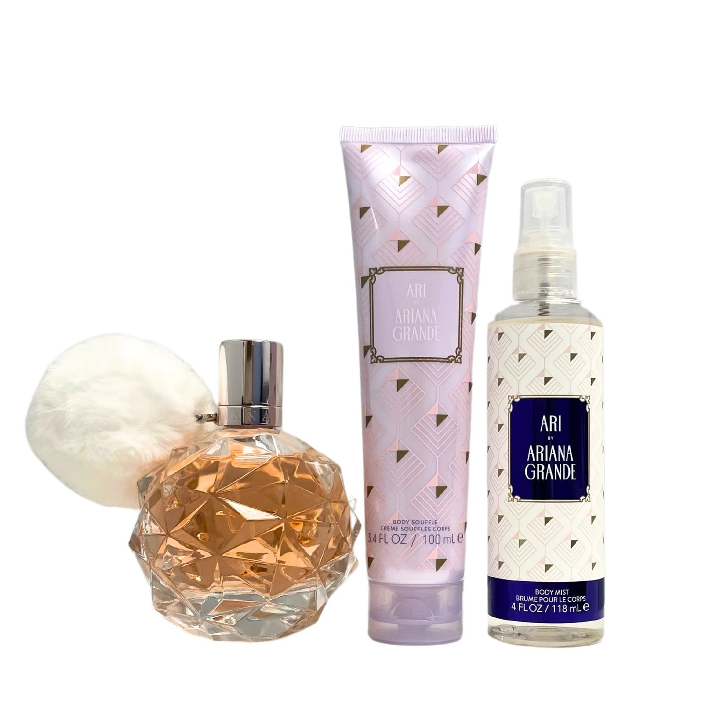 ARIANA GRANDE ARI 3 PCS SET: 3.4 EAU DE PARFUM SPRAY + 4 OZ BODY MIST + 3.4 BODY SOUFFLE