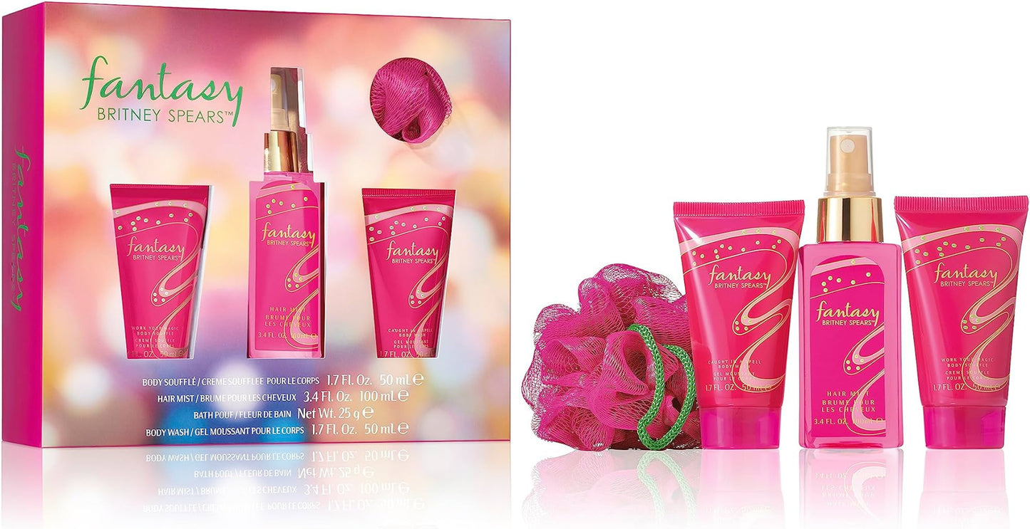 FANTASY BRITNEY SPEARS 4 PCS SET FOR WOMEN: 3.4 HAIR MIST + 1.7 BODY SOUFFLE + 1.7 BODY WASH + BATH POUF