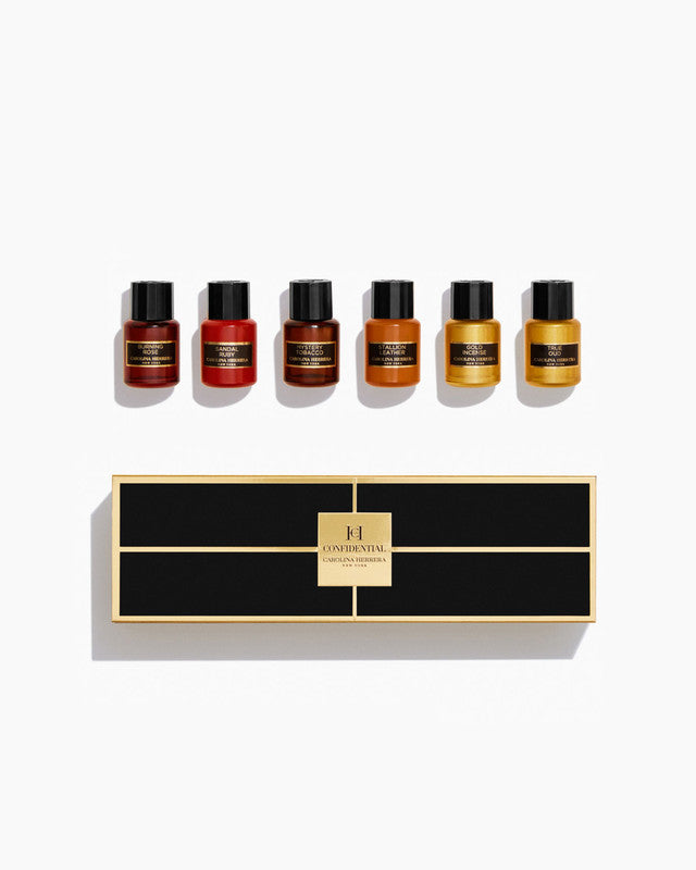 CAROLINA HERRERA CONFIDENTIAL 6 * 5 ML EAU DE PARFUM MINI SET: TRUE OUD + GOLD INCENSE + SANDAL RUBY + STALLION LEATHER + BURNING ROSE + MYSTERY TOBACCO