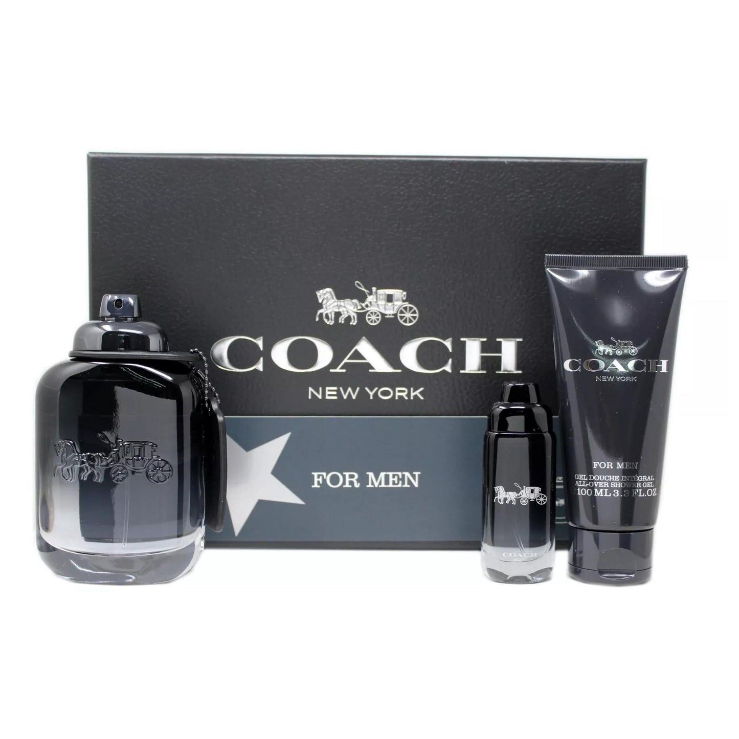 COACH NEW YORK 3 PCS SET FOR MEN: 3.3 EAU DE TOILETTE SPRAY + 0.5 EAU DE TOILETTE SPRAY + 3.3 SHOWER GEL..