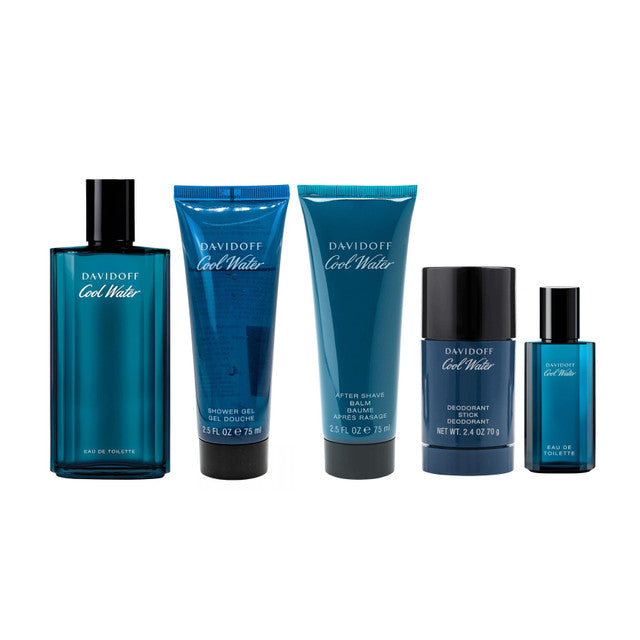 COOL WATER 5 PCS SET FOR MEN: 4.2 EAU DE TOILETTE SPRAY + 2.4 DEODORANT STICK + 2.5 SHOWER GEL + 2.5 AFTER SHAVE BALM + 0.5 EAU DE TOILETTE SPRAY