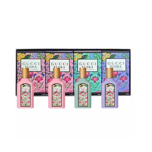 GUCCI FLORA 4 PCS SET FOR WOMEN: GORGEOUS GARDENIA 0.16 EAU DE PARFUM MINI + GORGEOUS GARDENIA 0.16 EAU DE PARFUM MINI + GORGEOUS MAGNOLIA 0.16 EAU DE PARFUM MINI + GORGEOUS JASMINE 0.16 EAU DE PARFUM MINI