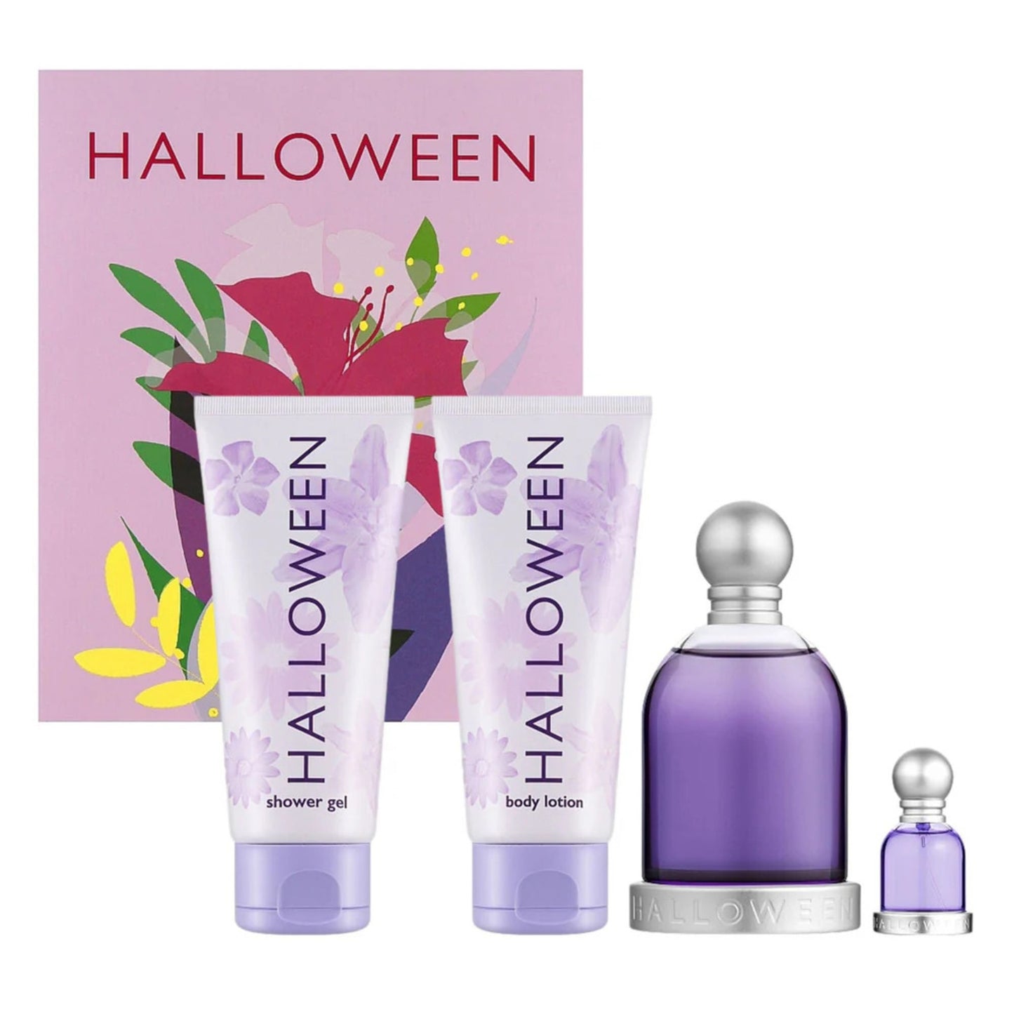 HALLOWEEN 4 PCS SET FOR WOMEN: 3.4 EAU DE TOILETTE SPRAY + 4.5 ML EAU DE TOILETTE MINI + 3.4 BODY LOTION + 3.4 SHOWER GEL.