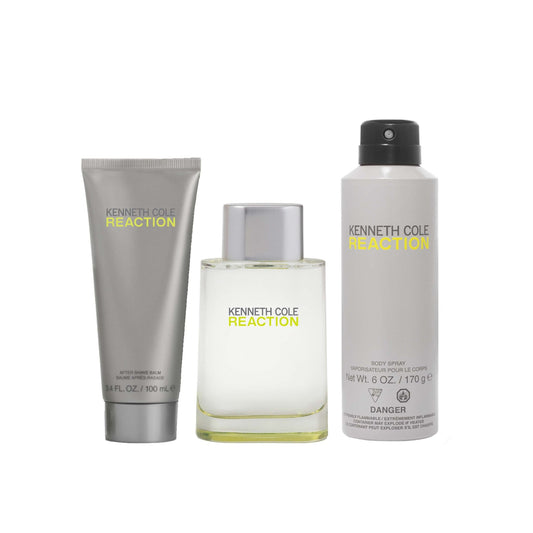 KENNETH COLE REACTION 3 PCS SET FOR MEN: 3.4 EAU DE TOILETTE SPRAY + 3.4 AFTER SHAVE BALM + 6 OZ ALL OVER BODY SPRAY