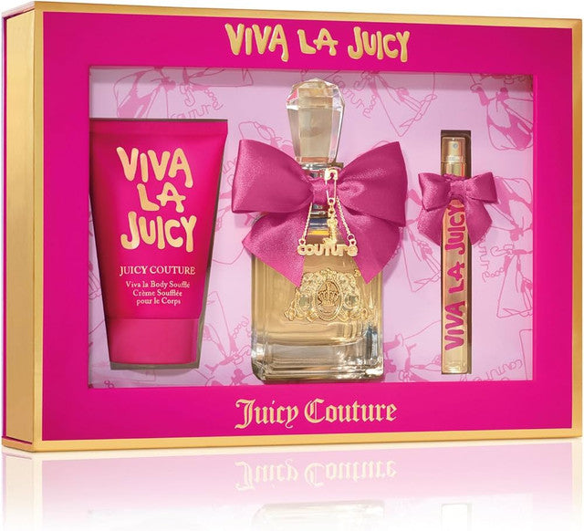 VIVA LA JUICY 3 PCS SET FOR WOMEN: 3.4 EAU DE PARFUM SPRAY + 0.33 EAU DE PARFUM SPRAY + 4.2 BODY SOUFFLE.