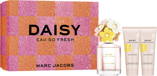 MARC JACOBS DAISY EAU SO FRESH 3 PCS SET FOR WOMEN: 2.5 EAU DE TOILETTE SPRAY + 2.5 BODY LOTION + 2.5 SHOWER GEL.