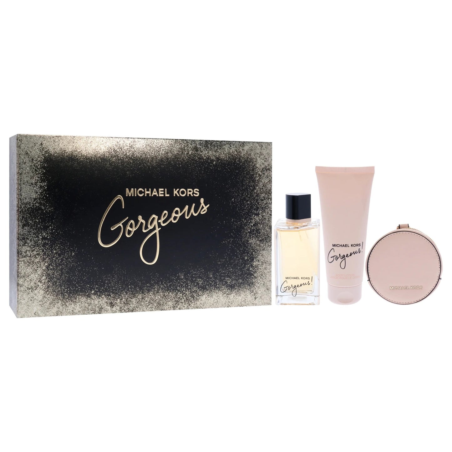 MICHAEL KORS GORGEOUS 3 PCS SET FOR WOMEN: 3.4 EAU DE PARFUM SPRAY + 3.4 BODY LOTION + ROUND PURSE