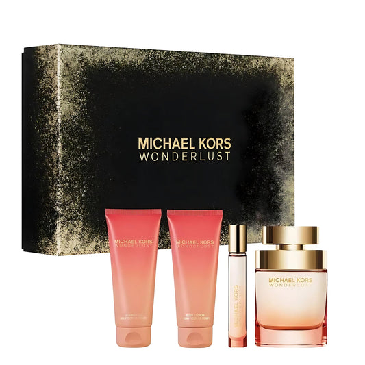 MICHAEL KORS WONDERLUST 4 PCS SET FOR WOMEN: 3.4 EAU DE PARFUM SPRAY + 0.3 EAU DE PARFUM SPRAY + 3.4 SHOWER GEL + 3.4 BODY LOTION