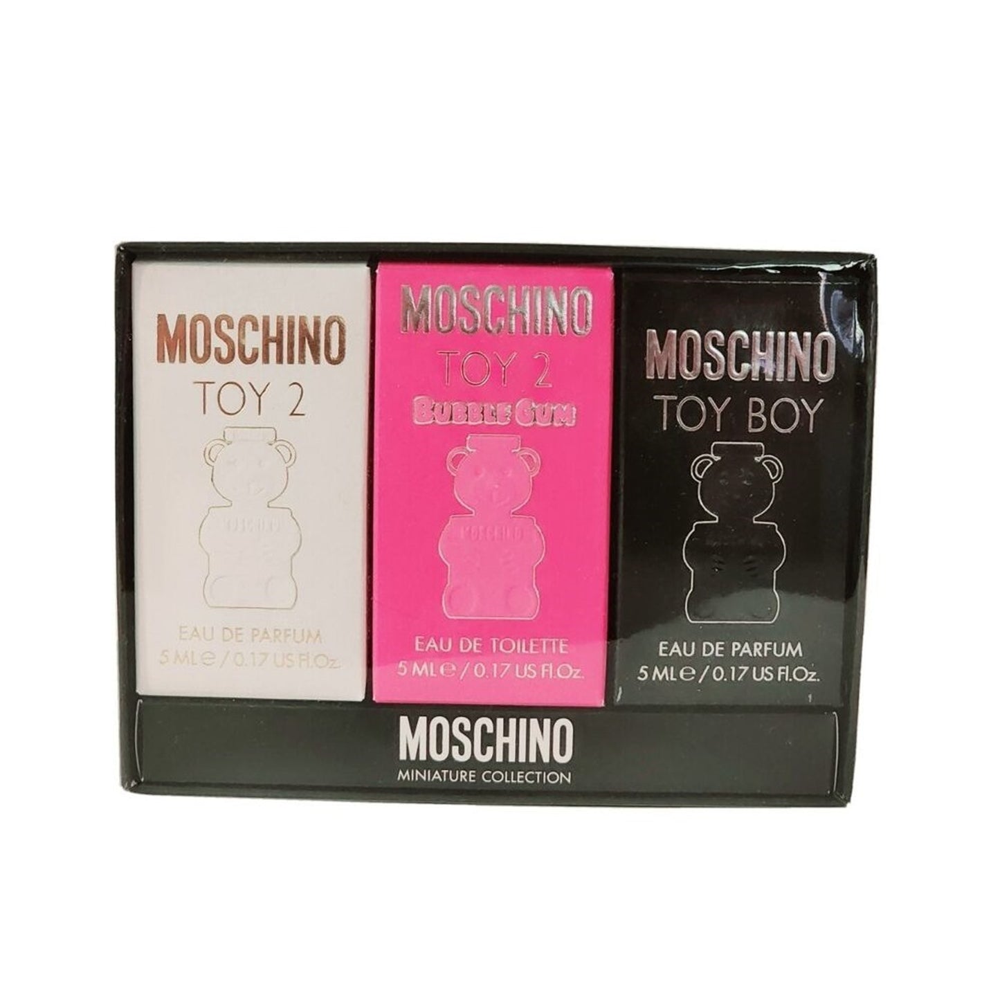 MOSCHINO 3 PCS TOY MINI SET: TOY BOY 5 ML EAU DE PARFUM + TOY 2 BUBBLE GUM 5 ML EAU DE TOILETTE + TOY 2 5 ML EAU DE PARFUM (INDIVIDUALLY BOXED)