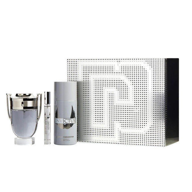 PACO RABANNE INVICTUS 3 PCS SET FOR MEN: 3.4 EAU DE TOILETTE SPRAY + 5.1 OZ DEODORANT SPRAY + 0.34 OZ EAU DE TOILETTE TRAVEL SPRAY (METAL BOX)