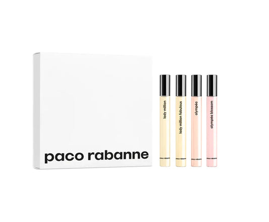 PACO RABANNE 4 PCS EAU DE PARFUM TRAVEL SPRAY SET FOR WOMEN: LADY MILLION 0.34 + OLYMPEA 0.34 + LADY MILLION FABULOUS 0.34 + OLYMPEA BLOSSOM 0.34