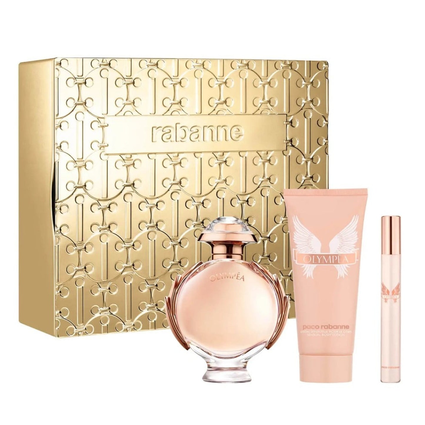 PACO RABANNE OLYMPEA 3 PCS SET FOR WOMEN: 2.7 EAU DE PARFUM SPRAY + 3.4 BODY LOTION + 0.34 EAU DE PARFUM SPRAY.