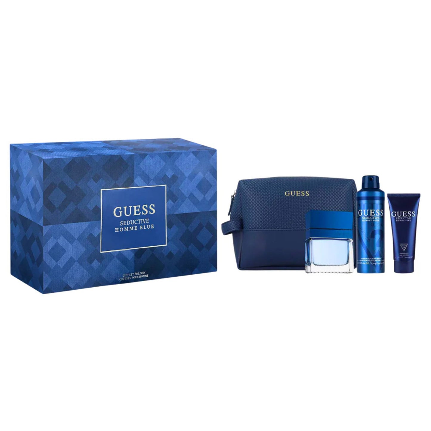 GUESS SEDUCTIVE HOMME BLUE 4 PCS SET: 3.4 EAU DE TOILETTE SPRAY + 6 OZ DEODORANT SPRAY + 3.4 SHOWER GEL + POUCH