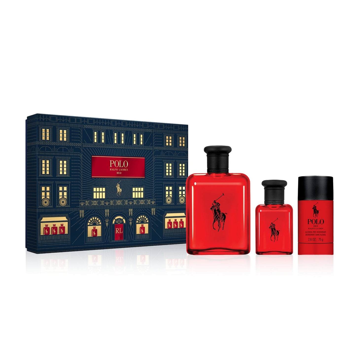 POLO RED 3 PCS SET FOR MEN: 4.2 EAU DE TOILETTE SPRAY + 1.36 EAU DE TOILETTE SPRAY + 2.6 DEODORANT STICK.