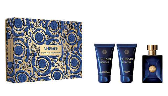 VERSACE DYLAN BLUE 3 PCS SET FOR MEN: 1.7 EAU DE TOILETTE SPRAY + 1.7 BATH AND SHOWER GEL + 1.7 AFTER SHAVE BALM