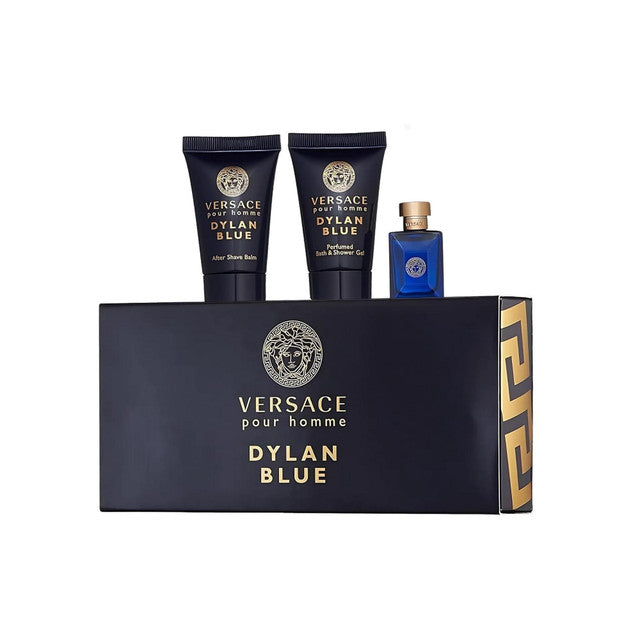 VERSACE DYLAN BLUE 3 PCS SET FOR MEN: 3.4 EAU DE TOILETTE SPRAY + 5 ML EAU DE TOILETTE MINI + 5 OZ BATH & SHOWER GEL