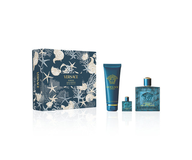 VERSACE EROS 3 PCS SET FOR MEN: 3.4 EAU DE TOILETTE SPRAY + 5 ML EAU DE TOILETTE MINI + 5 OZ SHOWER GEL
