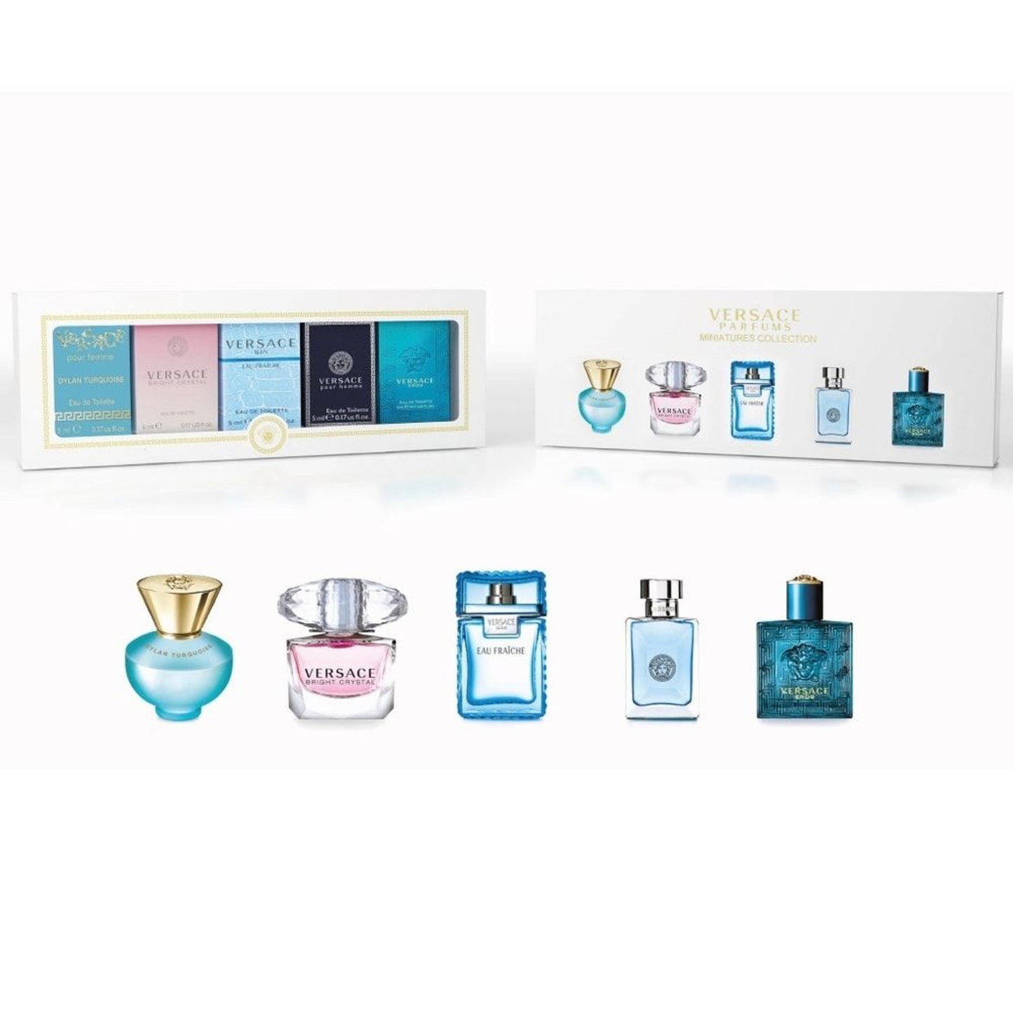 VERSACE 5 PCS MINI SET: EROS 0.17 EAU DE TOILETTE MEN + POUR HOMME 0.17 EAU DE TOILETTE + EAU FRAICHE 0.17 EAU DE TOILETTE + BRIGHT CRYSTAL 0.17 EAU DE TOILETTE + DYLAN TURQUOISE 0.17 EAU DE TOILETTE