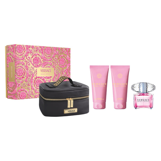 VERSACE BRIGHT CRYSTAL 4 PCS SET FOR WOMEN: 3 OZ EAU DE TOILETTE SPRAY + 3.4 BODY LOTION + 3.4 BATH & SHOWER GEL + BEAUTY CASE